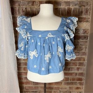 Mable Free People Ruffle Crop Top with White Bow Embroidery NWT -Size S -TP05
